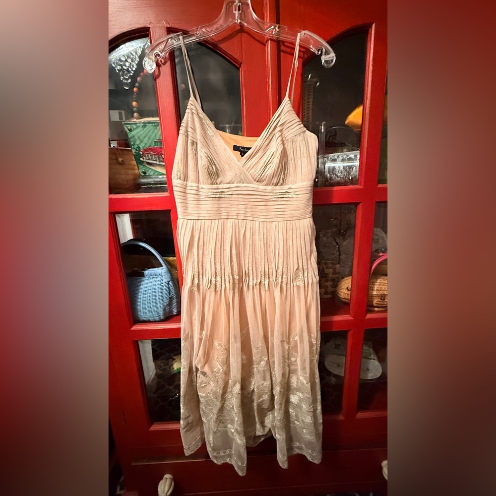 ECI Light Beige Pleated Spaghetti-Strap Midi Dress